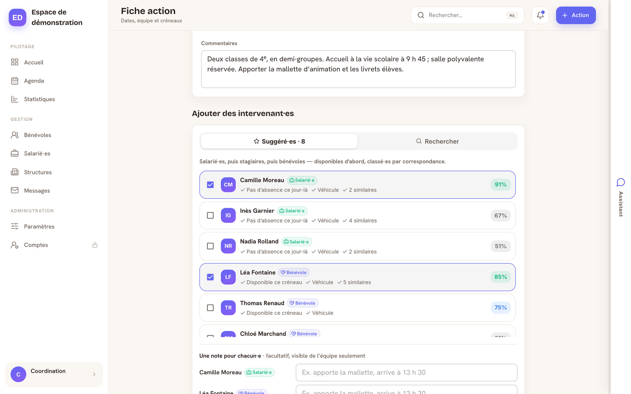 La fiche d’une action à pourvoir : les personnes suggérées, chacune avec ses raisons (pas d’absence, disponible, véhiculée) et son score, deux d’entre elles cochées.