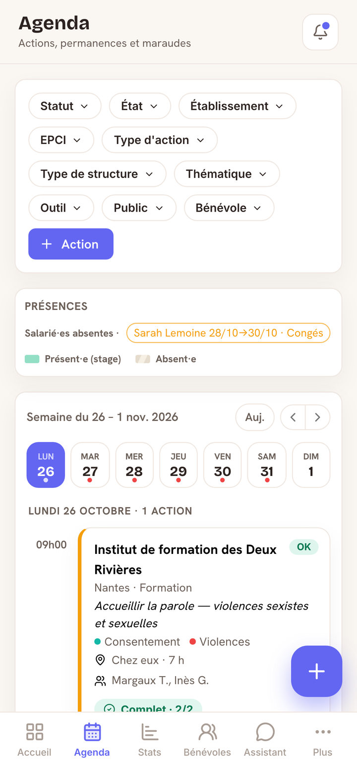 L’agenda sur un téléphone : les filtres, les présences, la semaine et les actions du jour.